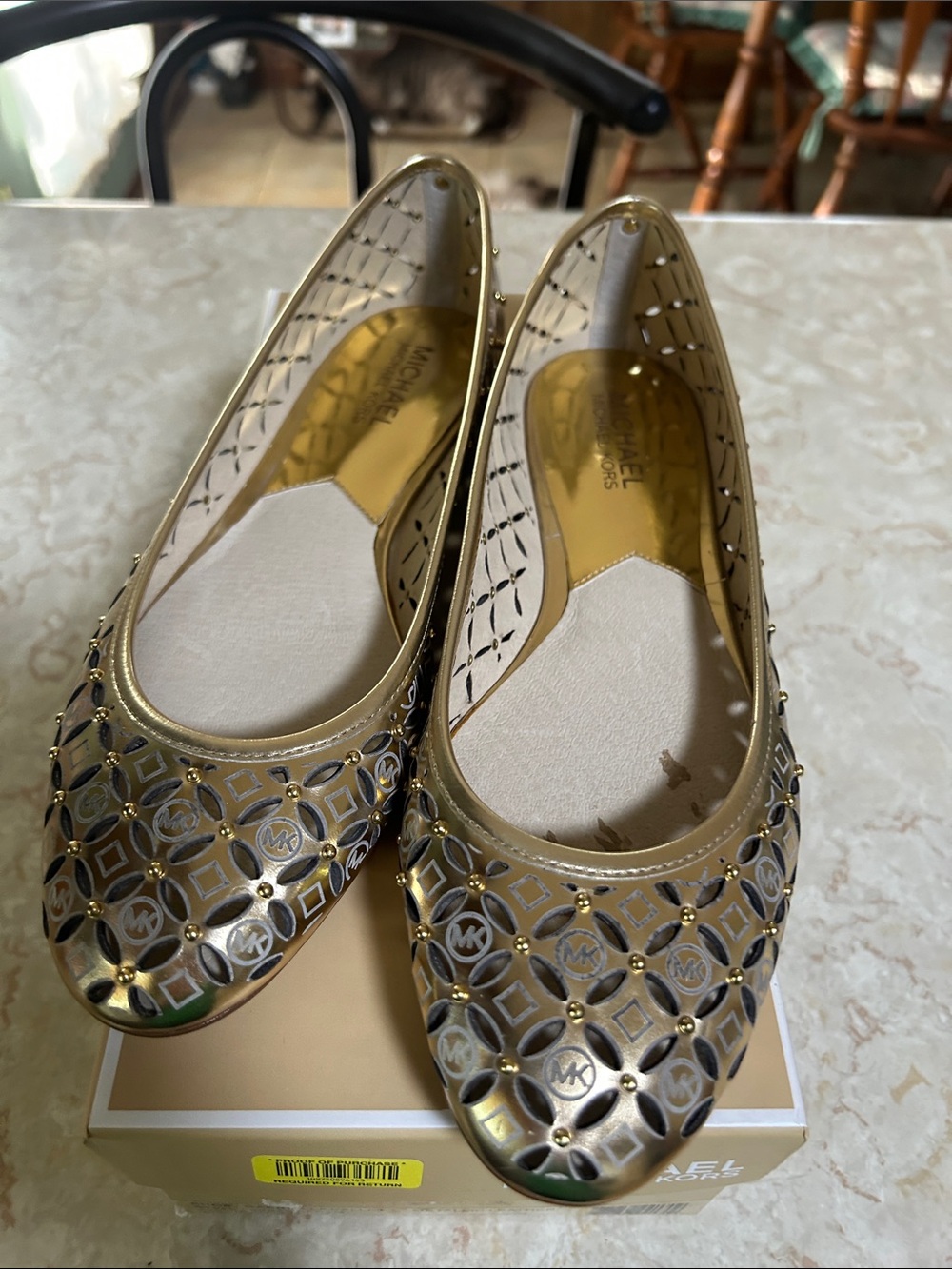 MICHAEL Michael Kors Gold Laser-Cut Studded Ballet Flats